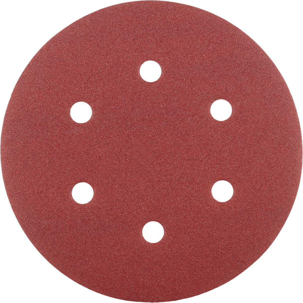 Rote Schleifscheibe aus Schleifpapier mit sechs Löchern, verwendet für Schleifmaschinen.