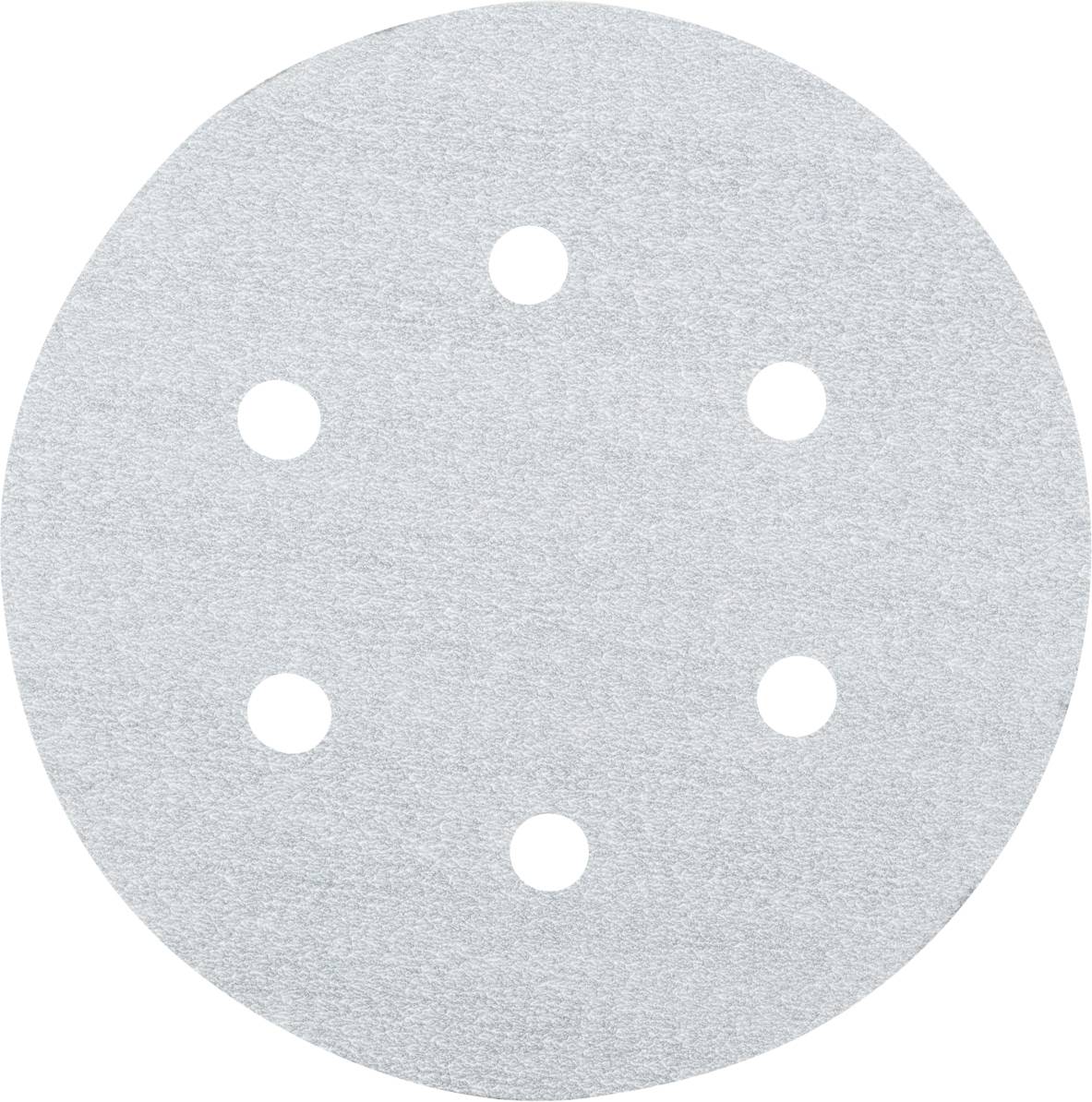 Ein rundes Schleifpapier mit sechs gleichmäßig verteilten Löchern.