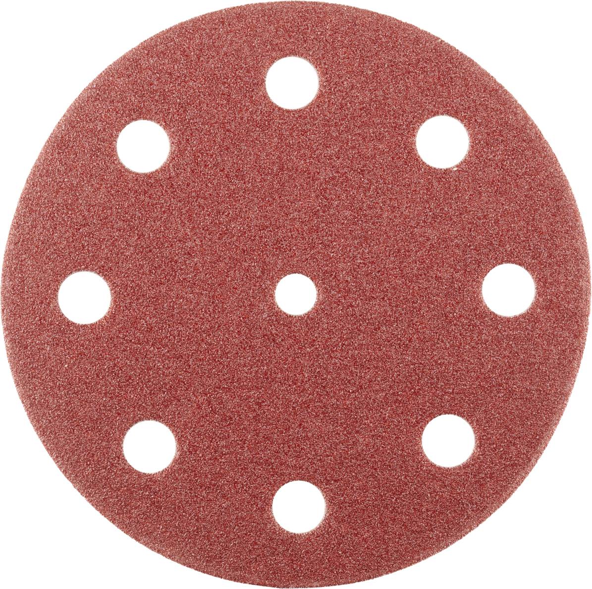 Rundes, rotes Schleifpapier mit neun gleichmäßig verteilten Löchern.
