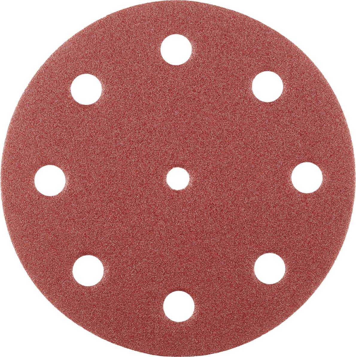 Ein rundes rotes Schleifpapier mit acht Löchern, typisch für elektrische Schleifmaschinen.