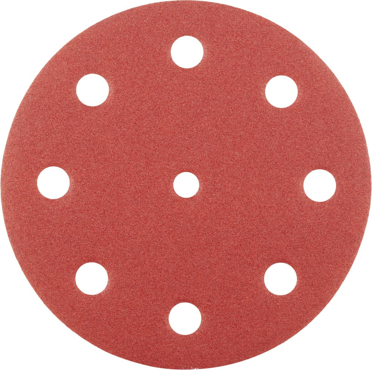 Runde Schleifscheibe mit roter Körnung und neun Löchern, verwendet zum Glätten von Oberflächen in Hand- oder Elektrowerkzeugen.