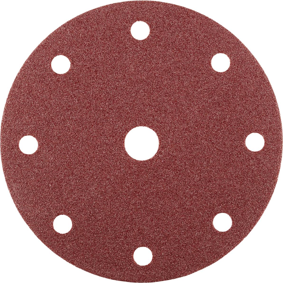 Scheibe aus rotem Schleifpapier mit sieben Löchern, verwendet für Oberflächenschleifen in Handwerk und Industrie.
