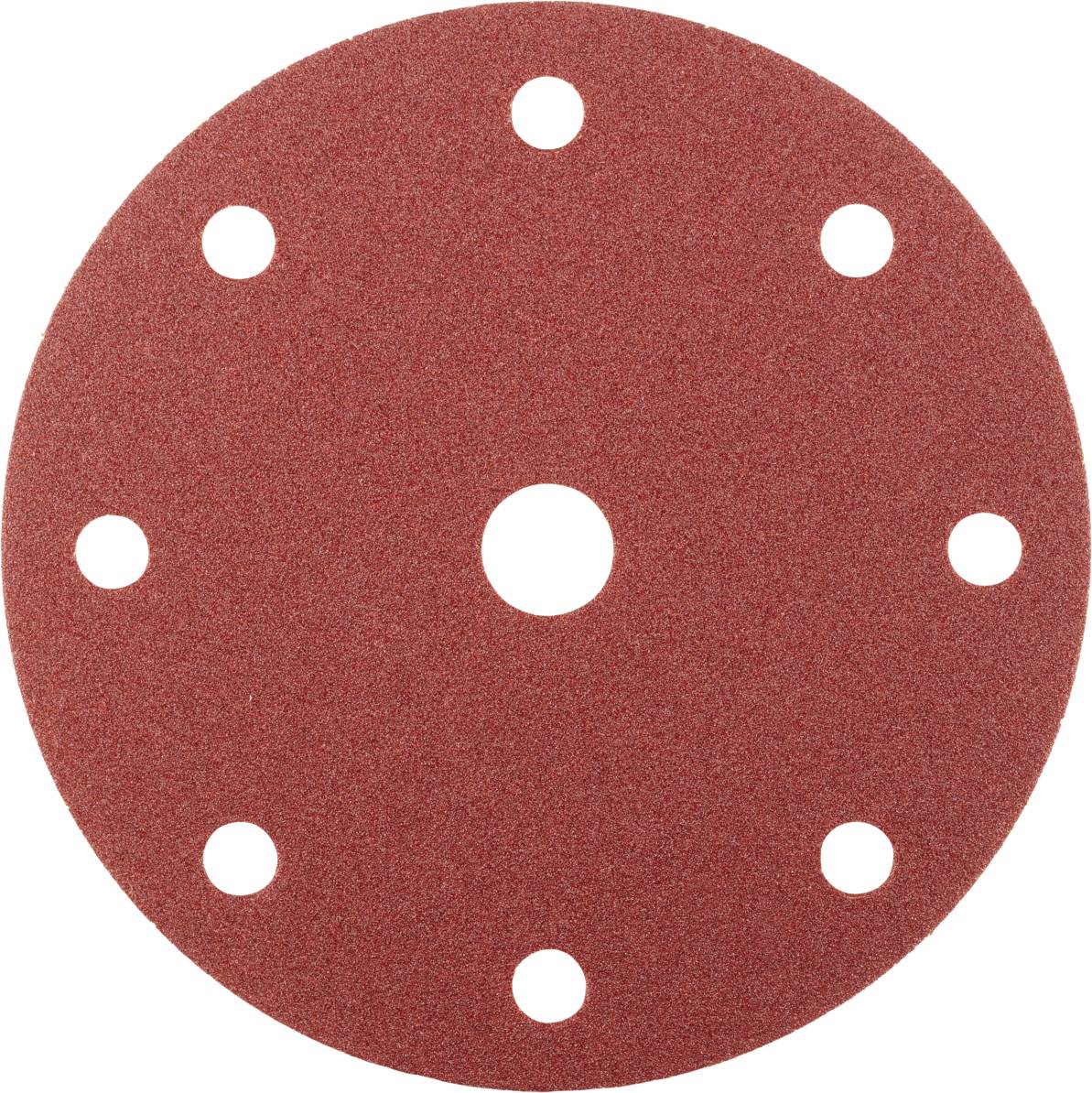 Ein rotes Schleifpapier-Rundpad mit sieben gleichmäßig verteilten Löchern und einem zentralen Loch für Maschinenbefestigung.
