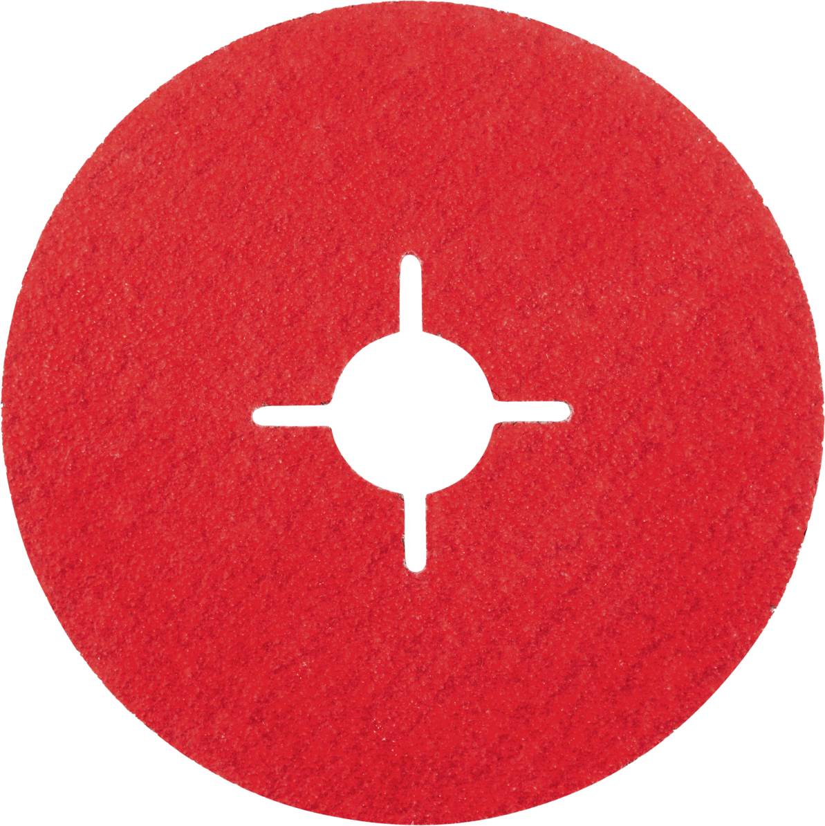 Ein rotes Schleifpapier mit rundem Design, zentraler Aussparung und kreuzförmiger Markierung.