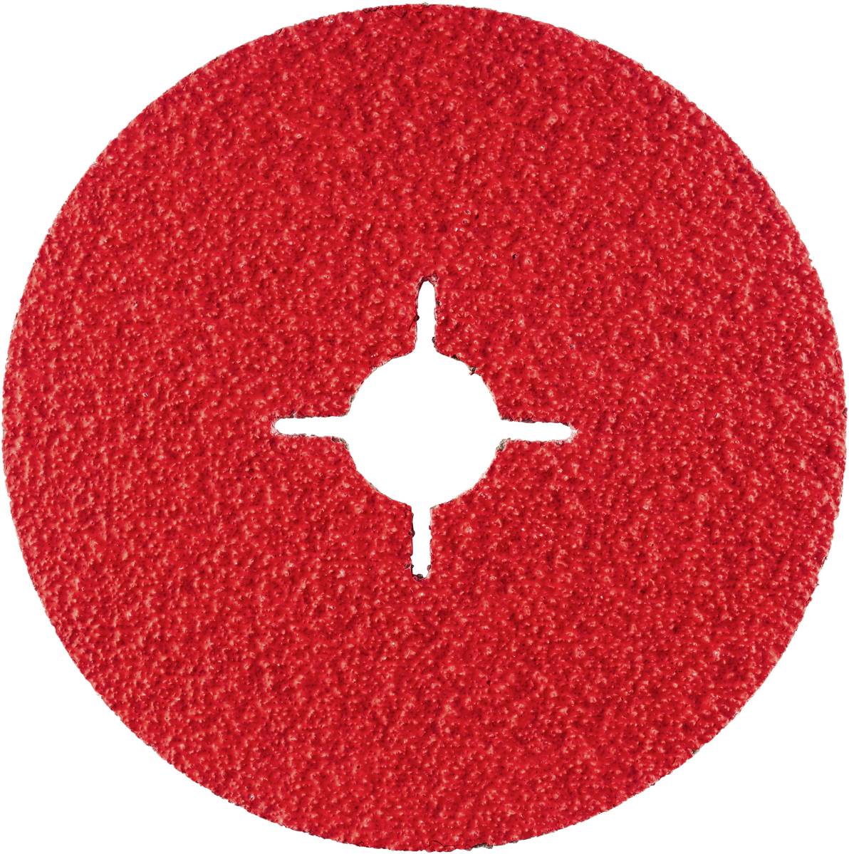 Ein rotes Schleifpapier mit kreisrunder Form und einem Loch in der Mitte, versehen mit einem Kreuzschlitz zur Befestigung auf Werkzeugen.