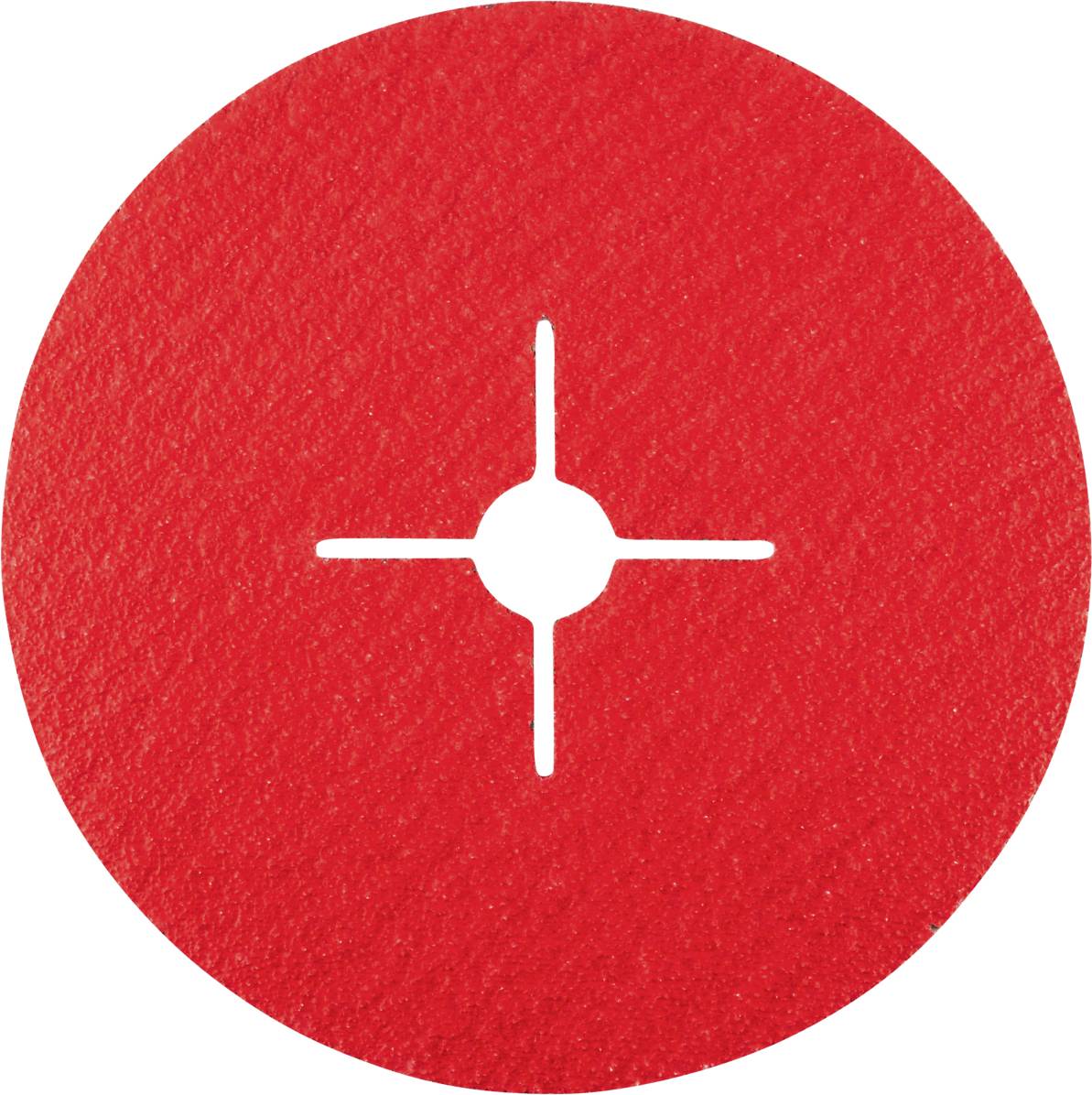 Ein roter ovaler Schleifbelag mit einem weißen, kreuzförmigen Schlitz in der Mitte zur Verwendung mit einem Schleifgerät.