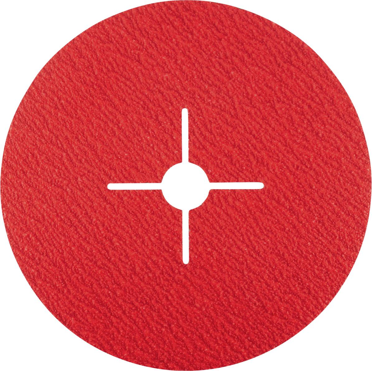 Rotes Schleifpapier mit einer weißen Zielmarkierung in der Mitte, verwendet für Holzbearbeitung oder Metallveredelung.