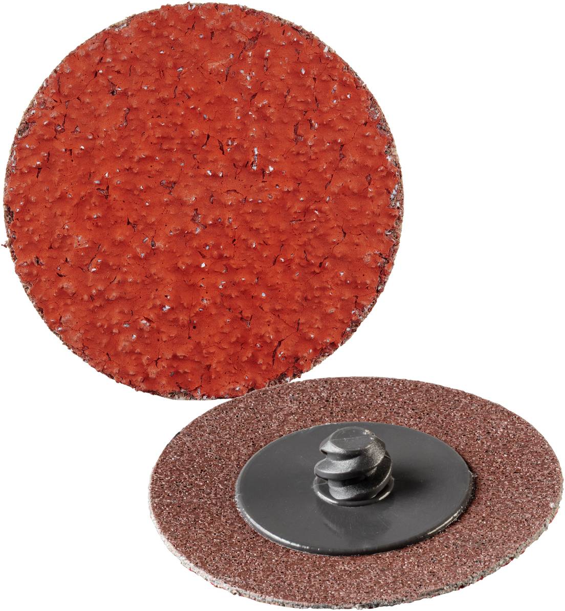 Zwei rotbraune Schleifscheiben, eine von oben und eine von unten gezeigt, mit texturierter Oberfläche und einer Befestigungsspirale.