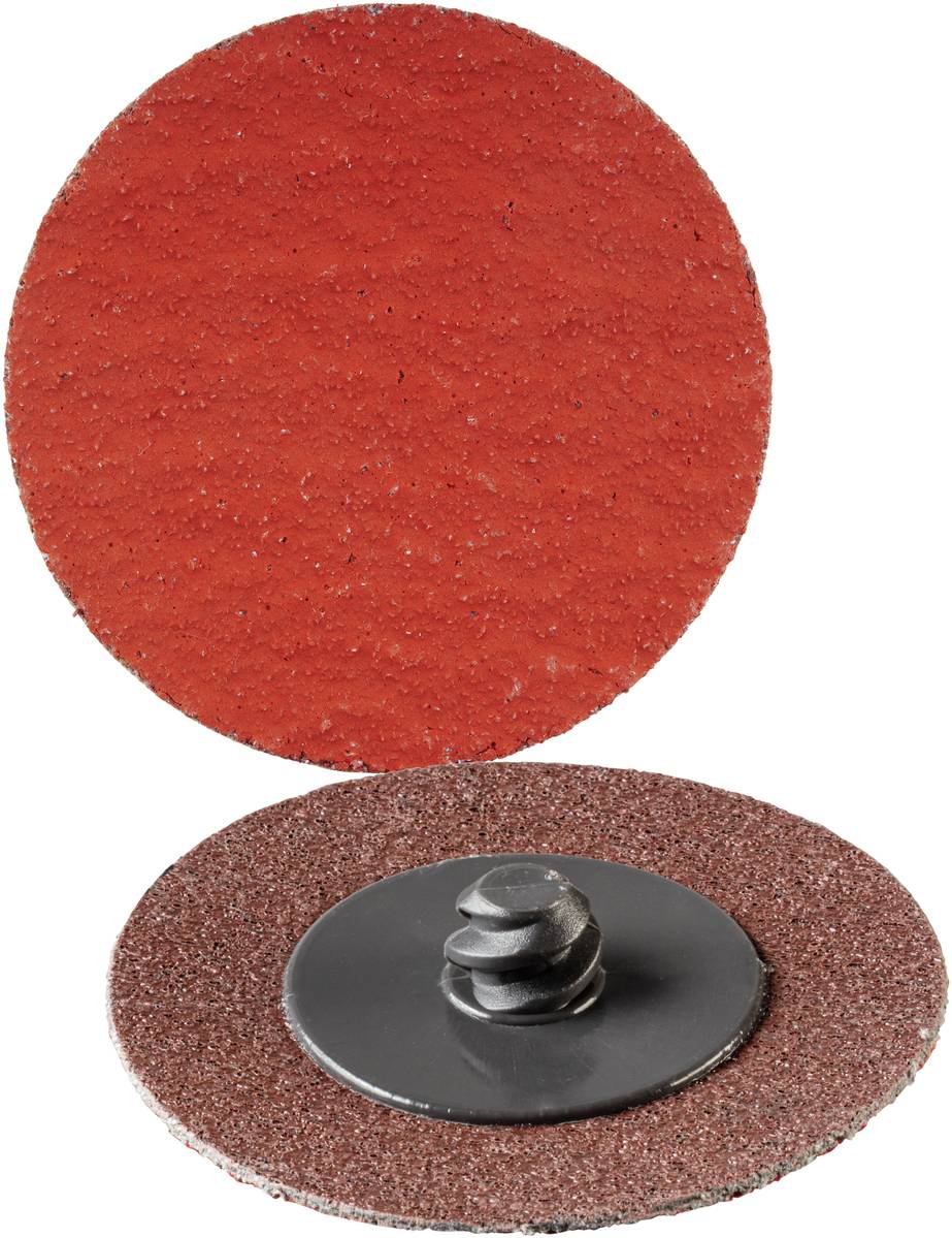 Zwei rote Schleifblätter, eines von oben und eines von unten gezeigt, das untere zeigt die Verzahnung zur Befestigung an einem Werkzeug.