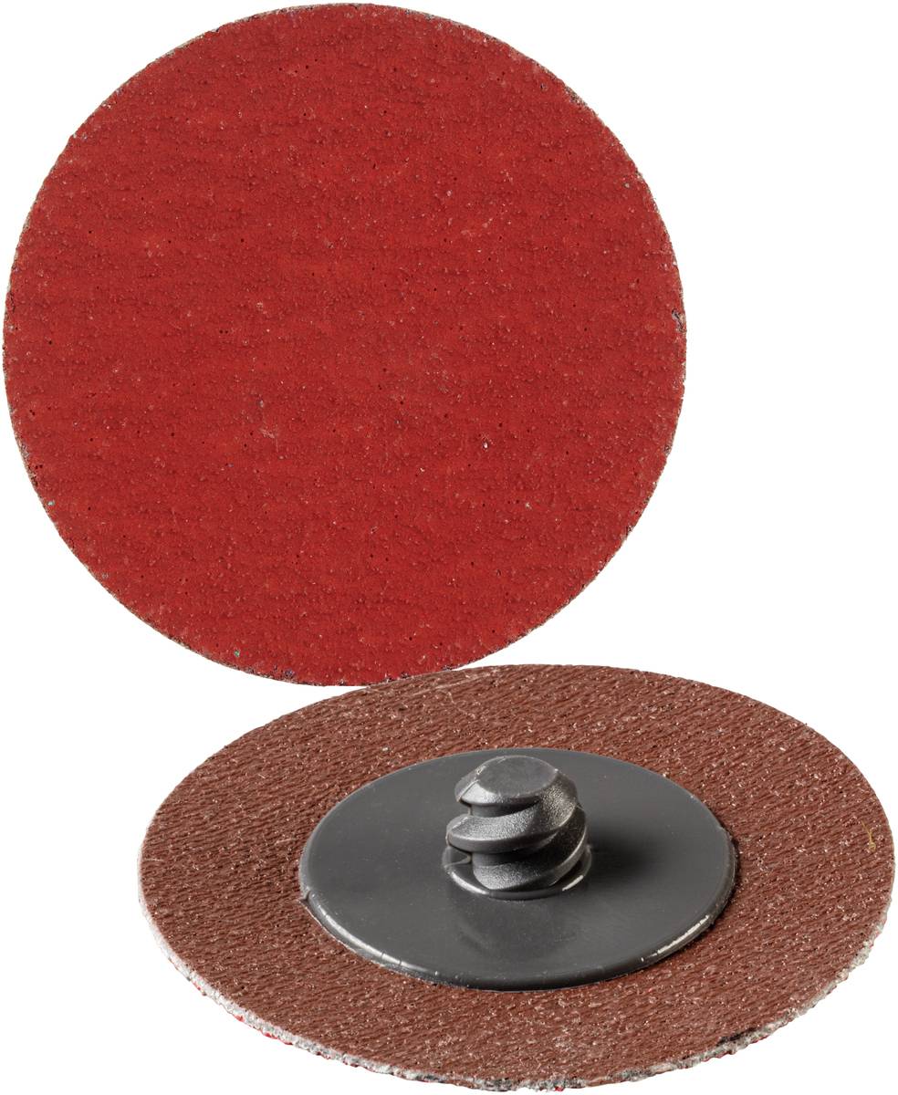 Ein roter Schleifteller, Vorder- und Rückseite angezeigt. Vorderseite ist glatt, Rückseite zeigt Befestigungselement.