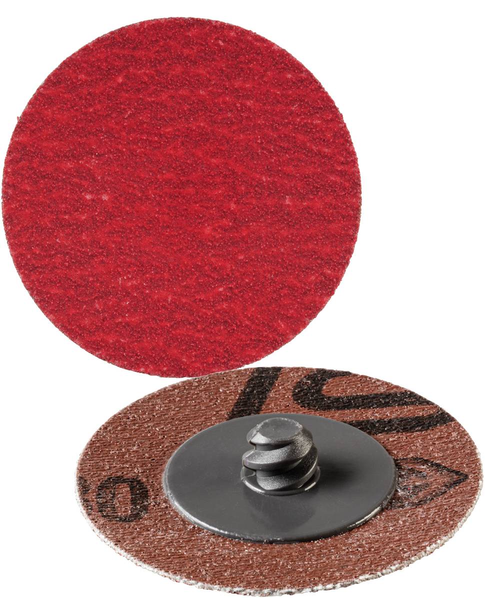 Zwei Schleifscheiben, eine mit grober roter Oberfläche und eine mit brauner Rückseite und schwarzer Schraubbefestigung in der Mitte.