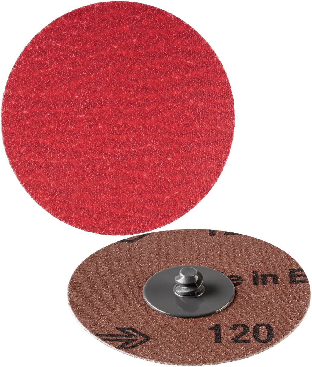 Ein rotes Schleifpapier im Kreisformat zeigt die raue und glatte Unterseite. Eine schwarze Befestigung ist mittig sichtbar.