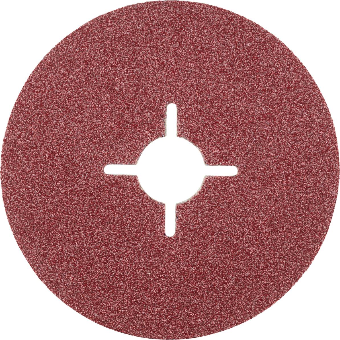 Eine rote Schleifscheibe mit einem runden Loch in der Mitte und vier schmalen Schlitzen, die gleichmäßig verteilt sind.