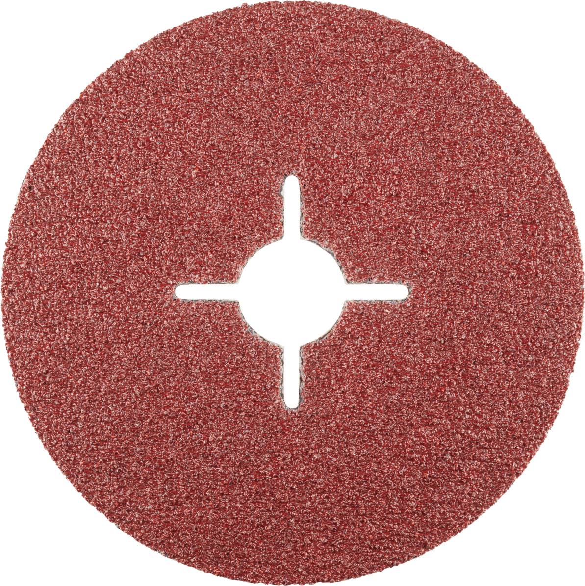 Runde, rotbraune Schleifscheibe mit zentralem Loch in Kreuzform für Schleifmaschinen, gleichmäßige Körnung für Metall- oder Holzbearbeitung.
