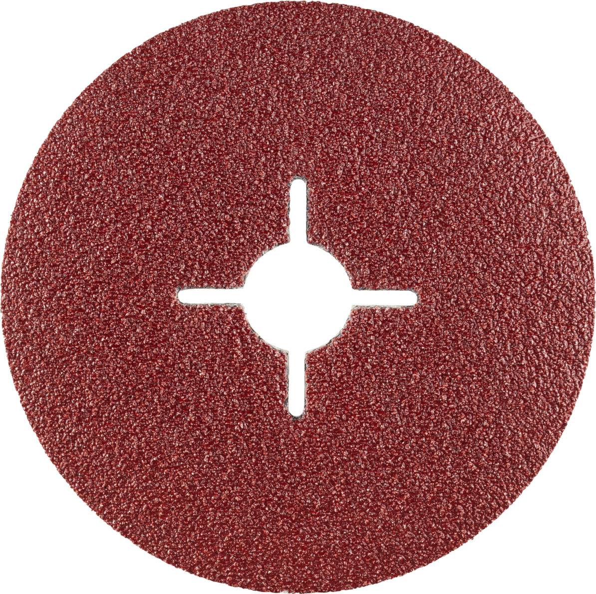 Runde Schleifscheibe mit roter, körniger Oberfläche und kreuzförmigem Loch in der Mitte, verwendet für Schleifmaschinen.