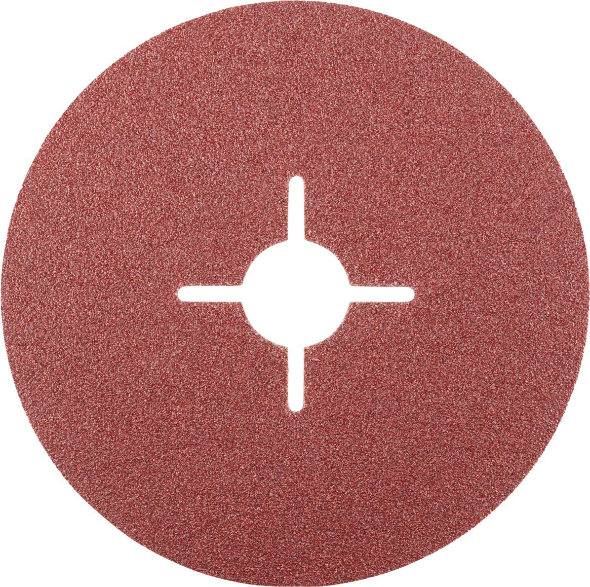 Runde rote Schleifscheibe mit einem Kreuzschlitz in der Mitte. Geeignet für Schleifarbeiten auf verschiedenen Materialien.