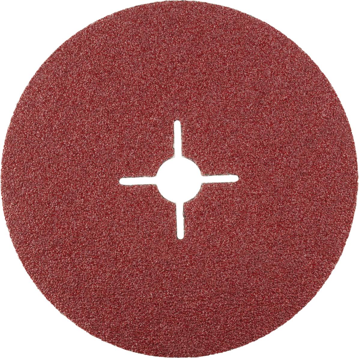 Roter Schleifscheibe mit Kreuzöffnung in der Mitte, verwendet für grobes Schleifen von Metall- oder Holzoberflächen.