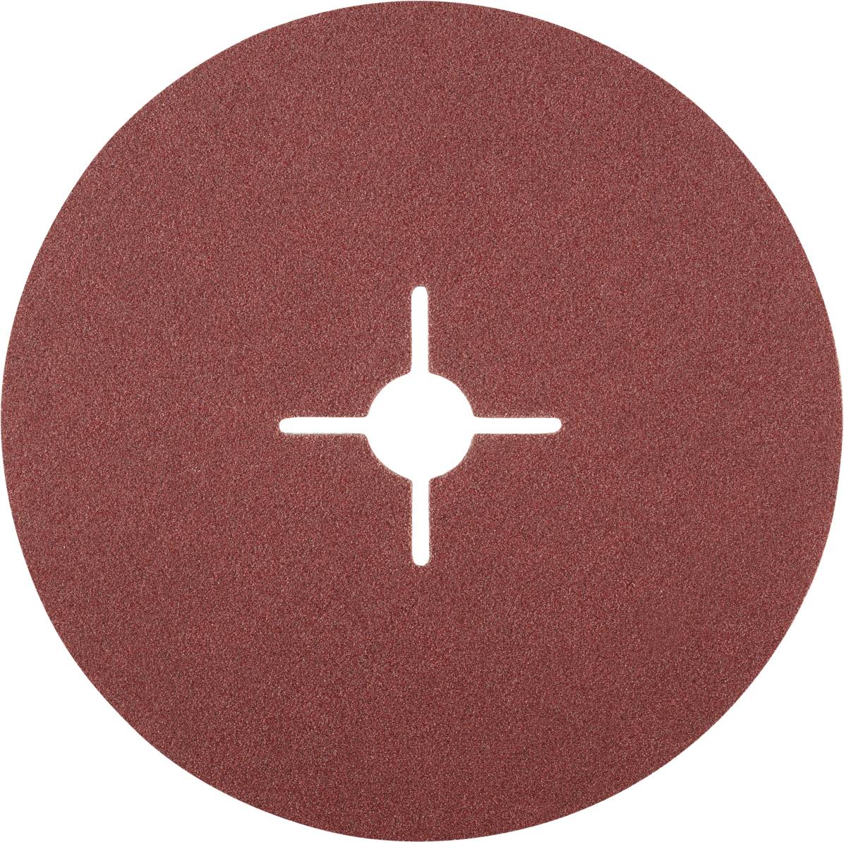 Rundes, rotes Schleifpapier mit zentralem Loch und kreuzförmigen Schlitzen, für den Einsatz in Schleifgeräten.