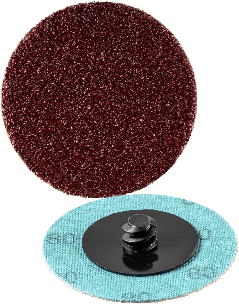 Ein dunkelrotes Schleifpad mit grober Oberfläche und einer blauen Rückseite, das eine schwarze Befestigung auf der Rückseite zeigt.