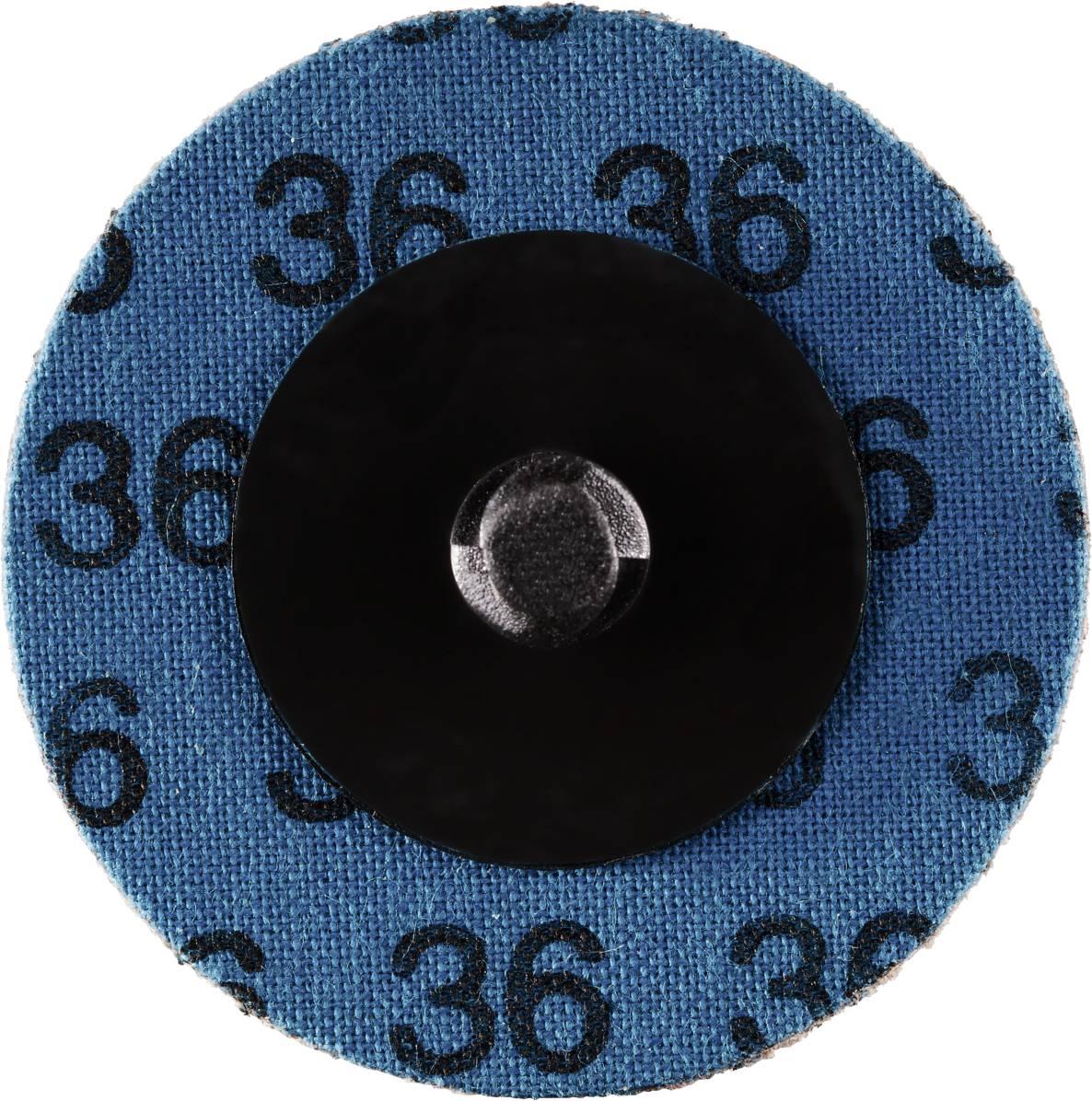 Rundes Schleifpapier mit der Kennzeichnung '36' auf blauem Hintergrund. Schwarzer Befestigungsmechanismus in der Mitte sichtbar.