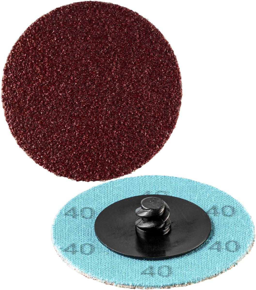 Zwei Schleifscheiben: eine mit roter Körnung für Oberflächenbearbeitung, die andere mit blauer Rückseite und Schraubaufsatz, Körnung 40.