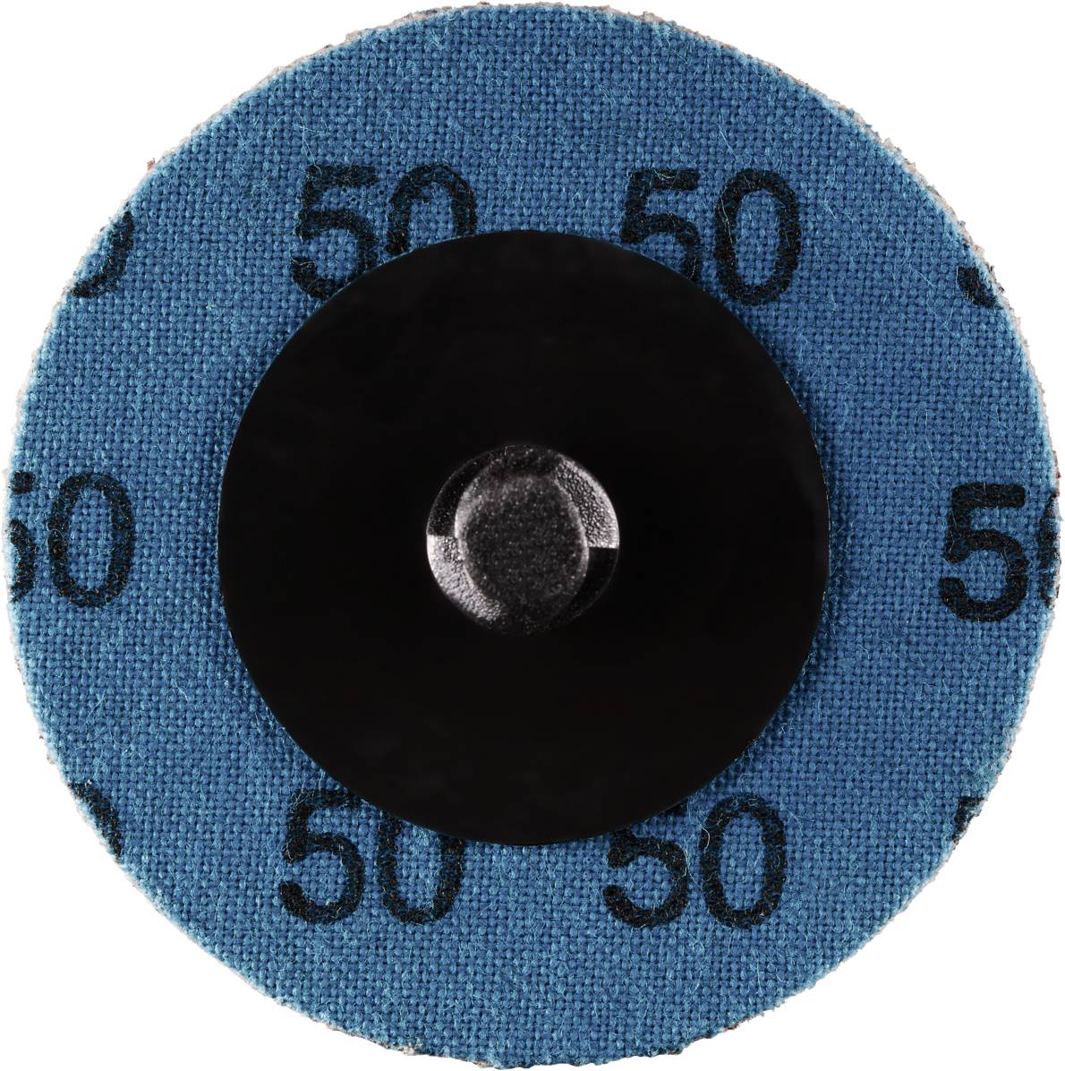 Ein runder, blauer Schleifaufsatz mit der Körnungsnummer '50' gedruckt auf der Fläche. In der Mitte ist ein schwarzer Befestigungsring.