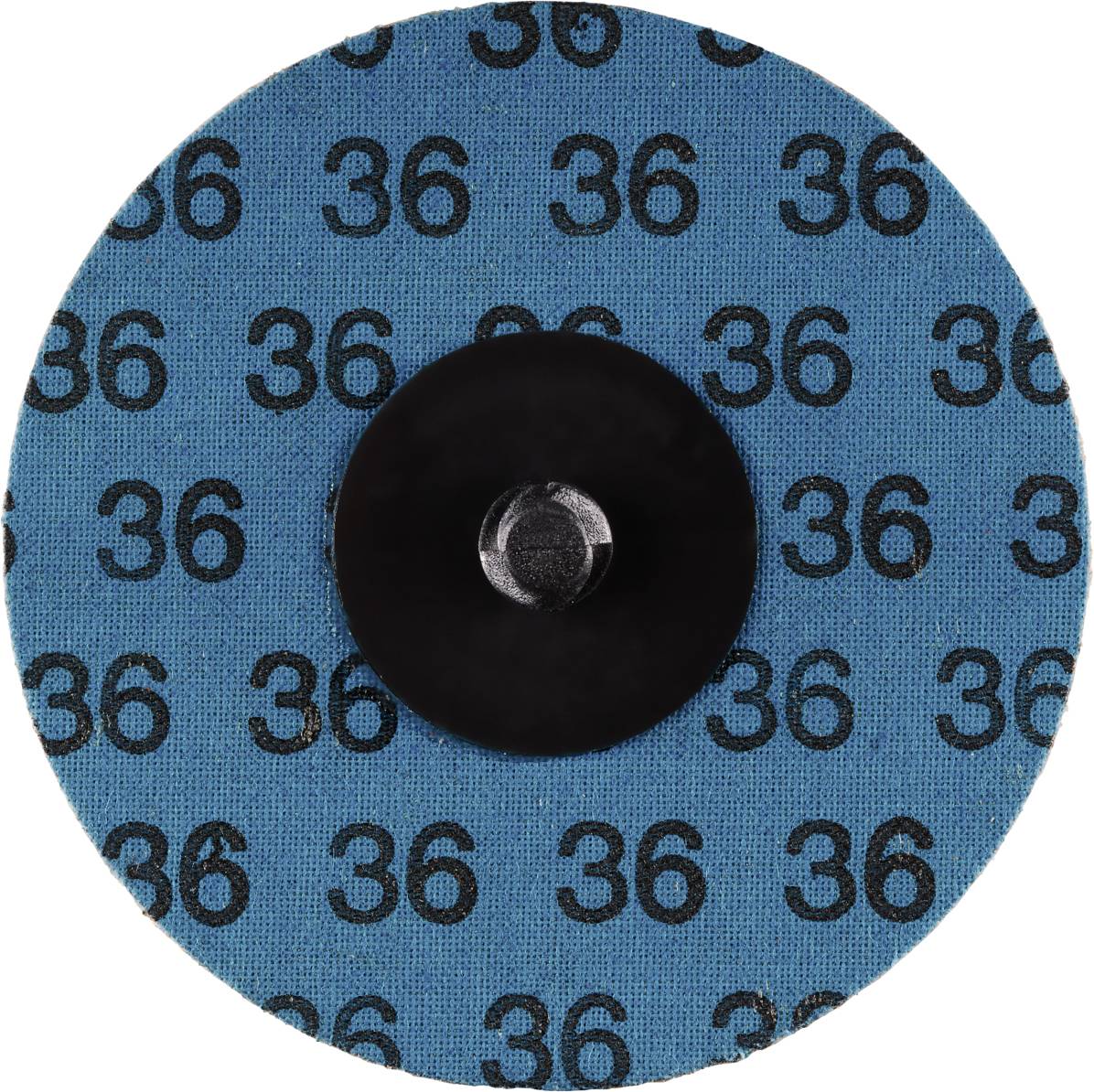 Schleifscheibe mit blauer Oberfläche, darauf wiederholt die Zahl '36' zu sehen. Zentrales schwarzes Befestigungselement sichtbar.