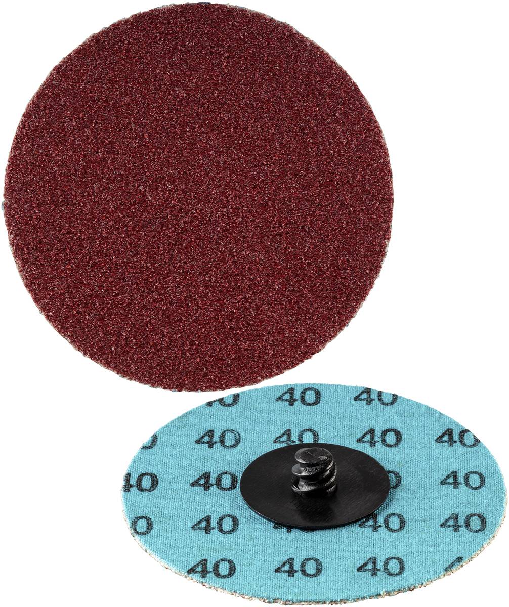 Ein rundes Schleifpad, Vorderseite in Rotbraun, Rückseite türkis mit schwarzer Schraubbefestigung und der Zahl '40' bedruckt.