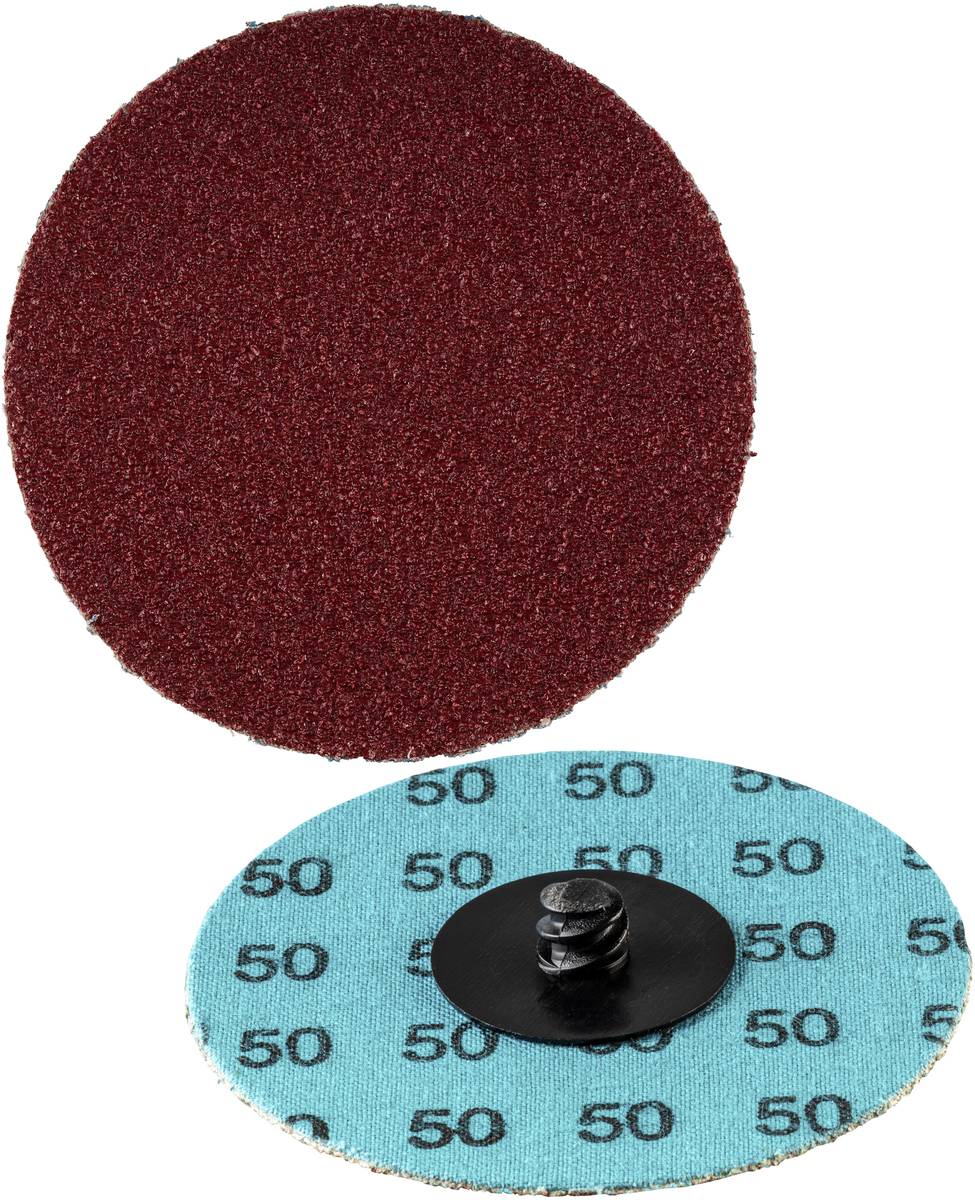 Ein braunes Schleifpad und die Rückseite mit blauem Hintergrund und der Zahl '50', gesehen von vorne und hinten.