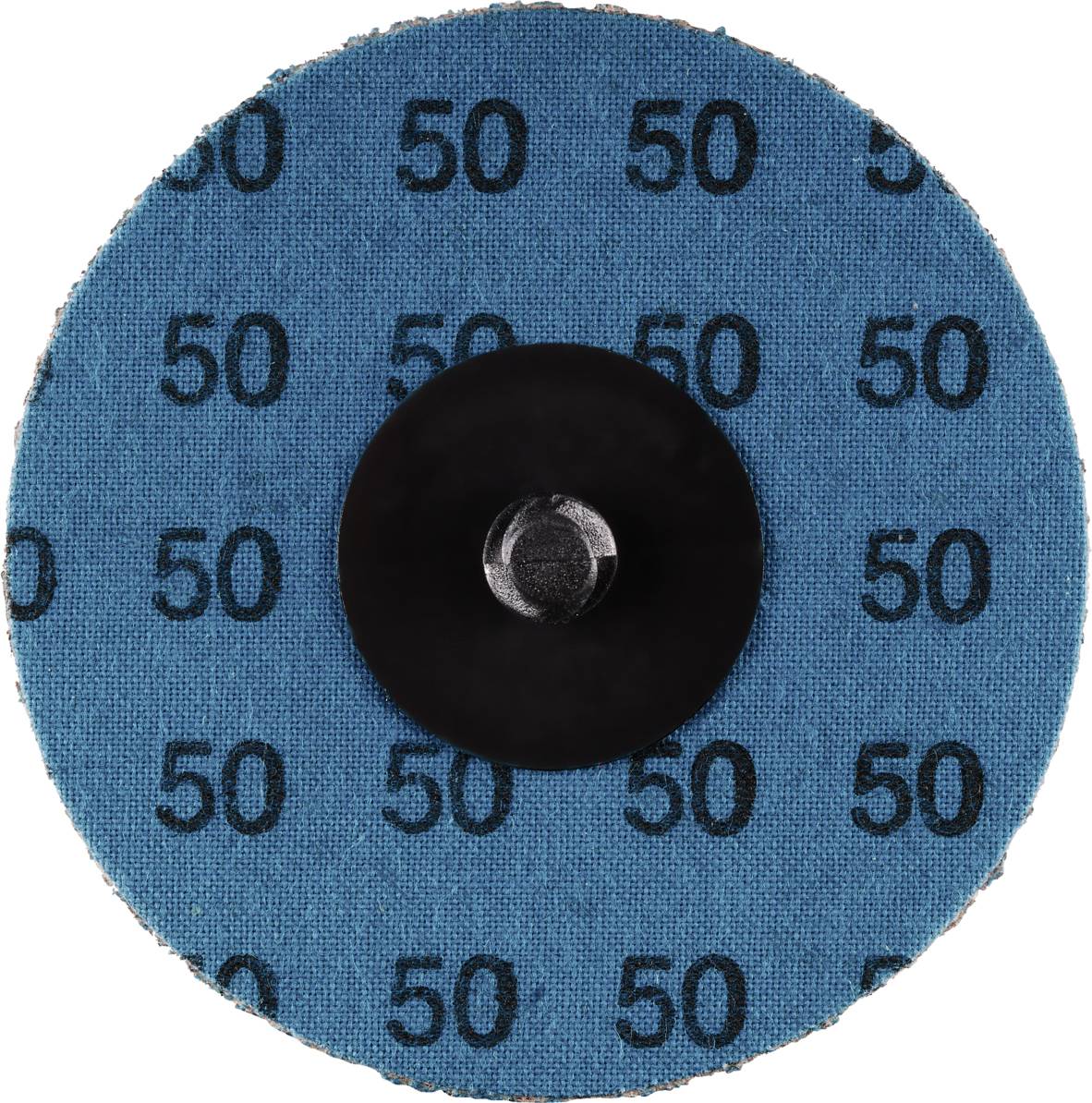 Runde Schleifscheibe mit blauer Beschichtung, wiederholte Zahl '50' aufgedruckt. Zentrales schwarzes Befestigungselement.