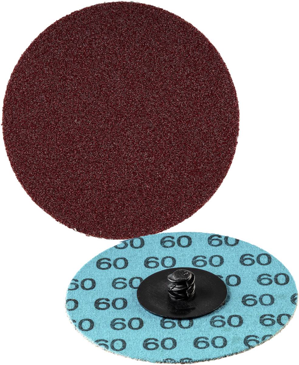 Dieses Bild zeigt zwei Schleifscheiben: oben eine raue, rötliche Oberfläche und unten die Rückseite mit blauer Markierung '60'.