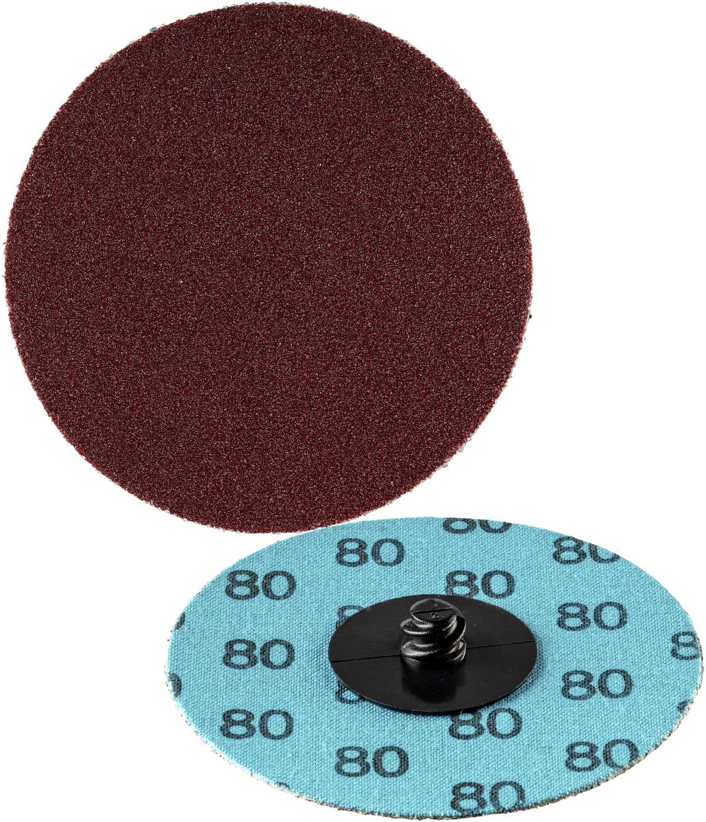 Zwei Schleifscheiben: Die obere in Braun ist glatt. Die untere zeigt die blaue Rückseite mit schwarzer Spiralhalterung und der Zahl '80'.