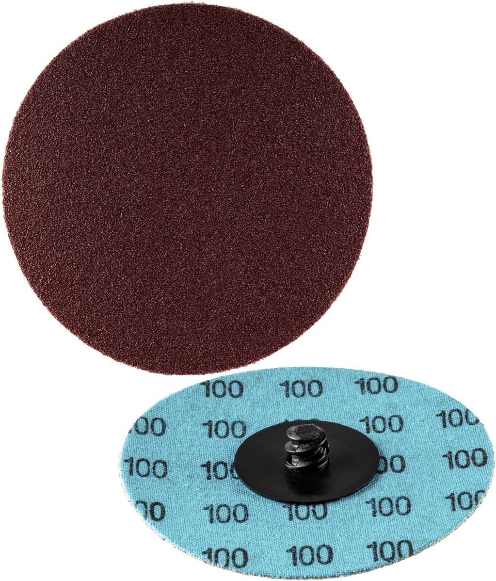 Braunes Schleifpad und Rückseite eines blauen Pads mit schwarzem Kunststoffverbinder und der Nummer 100.