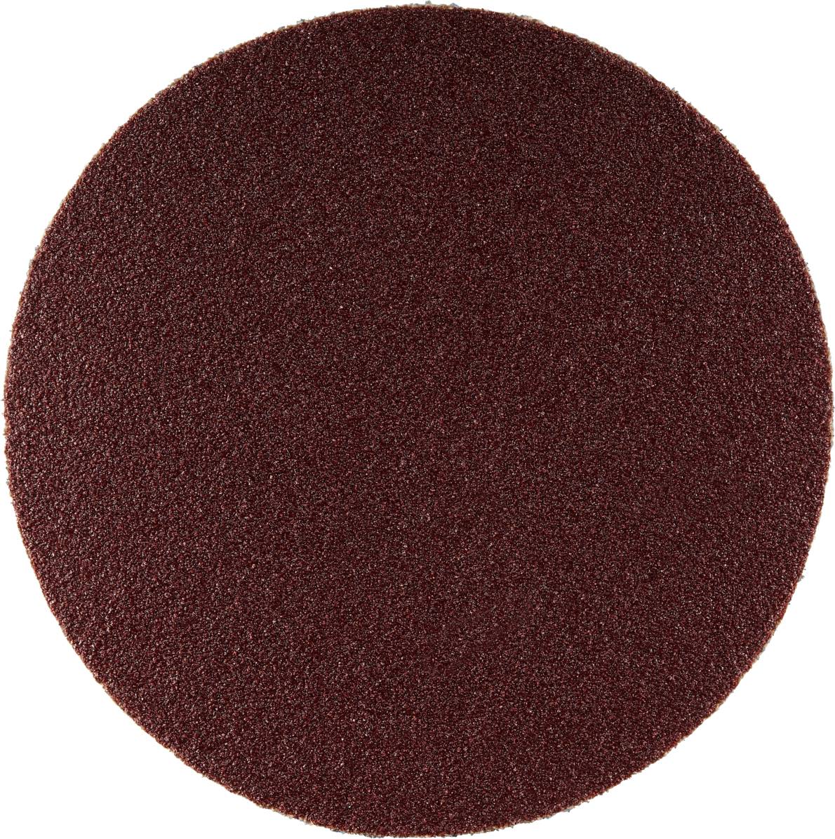 Ein rundes, dunkles Schleifpapier mit grober Textur. Geeignet zum Glätten oder Entfernen von Materialoberflächen in handwerklichen Anwendungen.