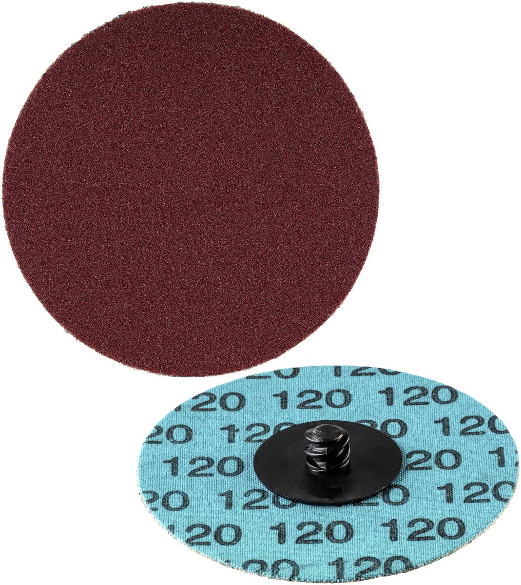 Zwei Schleifscheiben: eine mit roter, rauer Oberfläche, die andere zeigt die Rückseite mit blauer Fläche und der Zahl 120.