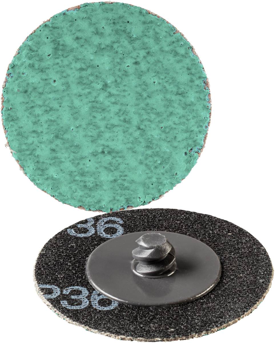 Zwei Schleifscheiben: eine zeigt die grüne abrasive Oberfläche, die andere die schwarze Rückseite und Befestigungsschraube.