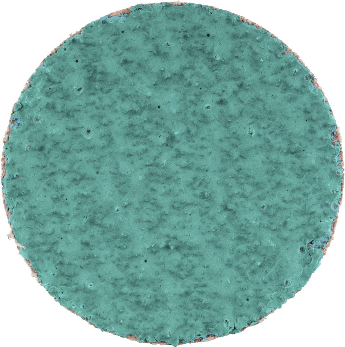 Ein ovaler, türkisfarbener, strukturierter Objekt mit rissigen Rändern, das möglicherweise ein Kunstobjekt oder Materialstück darstellt.