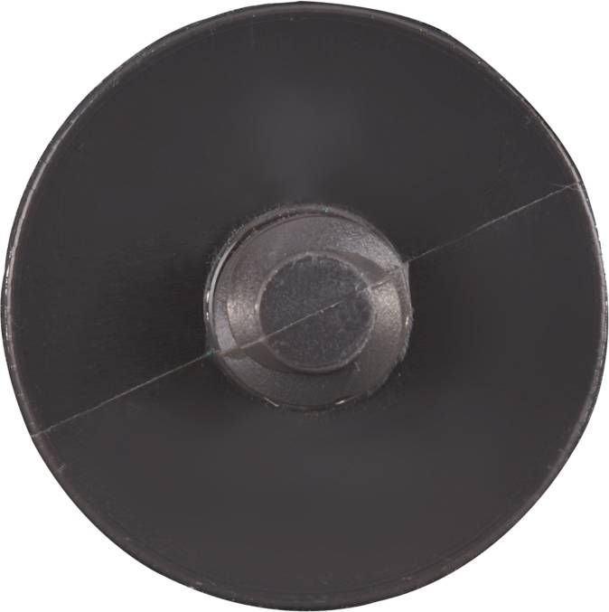 Ein schwarzes, rundes Objekt mit zentralem Punkt, das einer flachen Scheibe ähnelt.