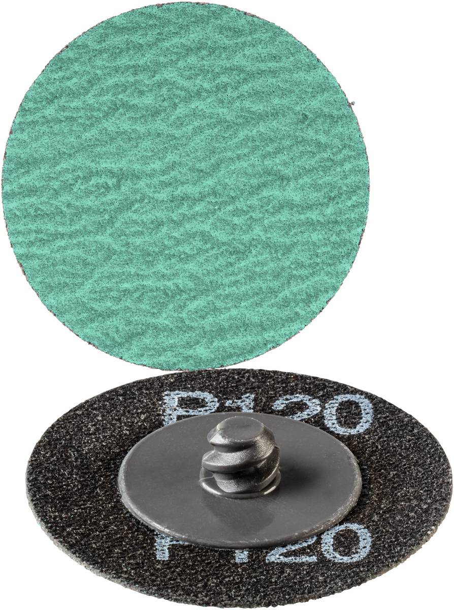 Zwei Schleifscheiben in Grün und Schwarz. Die Grüne hat eine raue Oberfläche, die Schwarze zeigt die Aufschrift 'P120'.
