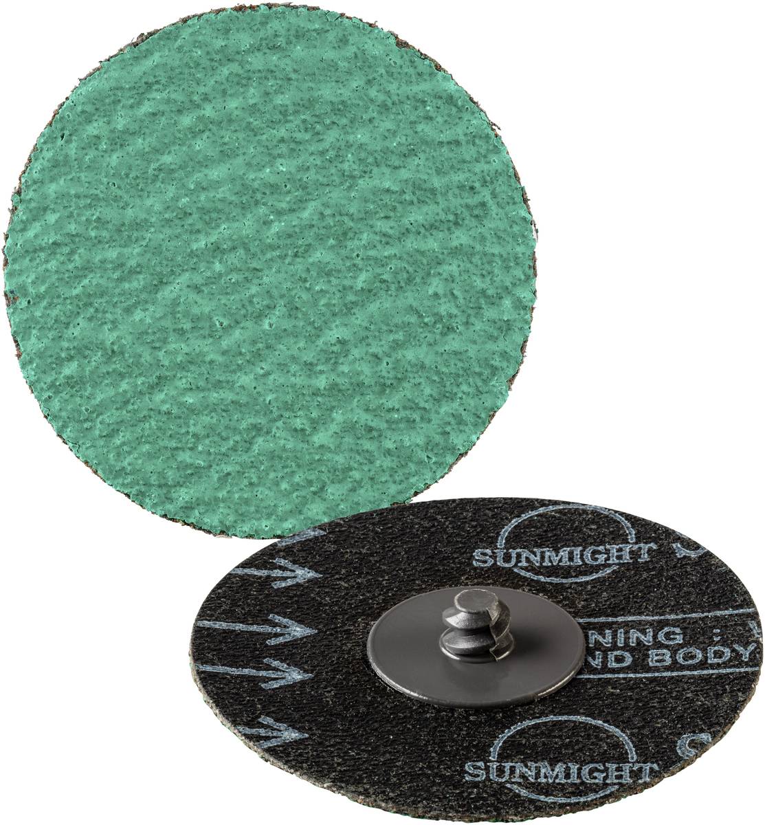 Ein grünes und schwarzes Schleifscheibenpaar, das für Schleifarbeiten verwendet wird, mit detaillierter Textur und Befestigungsmechanismus.