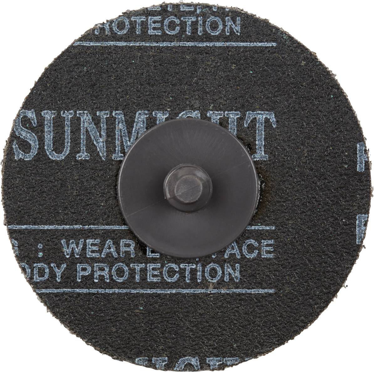 Runde Schleifscheibe mit Klettverschluss, Text 'SUNMIGHT', Hinweis auf Schutzmaßnahmen. Geeignet für Schleifarbeiten an Oberflächen.