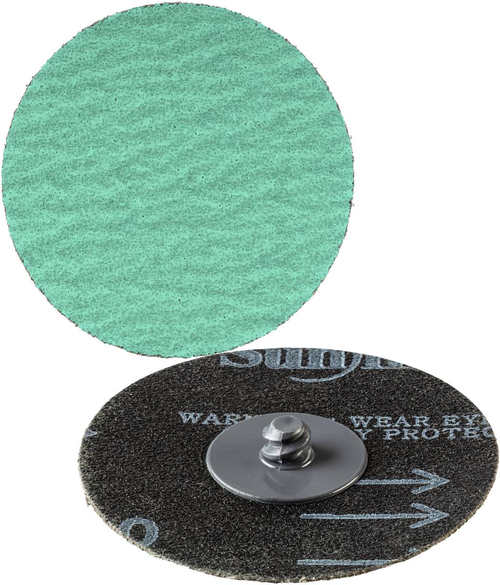 Zwei grüne Schleifscheiben, eine zeigt die raue Oberfläche, die andere die Rückseite mit Befestigung. Geeignet für Metallarbeiten.