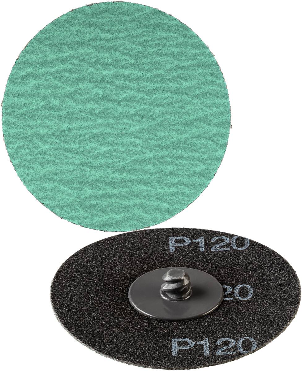 'Schleifscheibe P120', Vorderseite grün, Rückseite schwarz mit 'P120' Aufdruck und einem Befestigungsmechanismus in der Mitte.