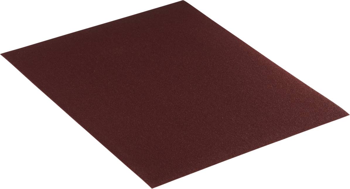 Ein Blatt Schleifpapier in dunklem Rot, schräg von oben fotografiert. Es wird für Handwerker- oder Bastelarbeiten verwendet.