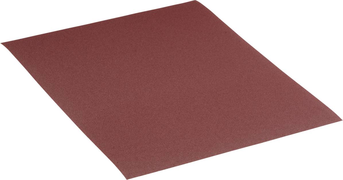 Ein Blatt Schleifpapier auf einer flachen Oberfläche. Es ist dunkelrotbraun und hat eine gleichmäßige Körnung.