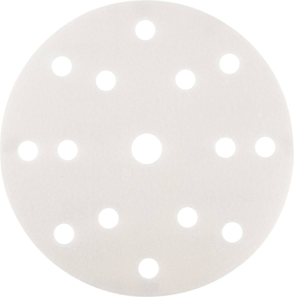 Ein rundes Schleifpapier mit mehreren Löchern, symmetrisch angeordnet. Geeignet für Schleifmaschinen, um Oberflächen zu glätten.