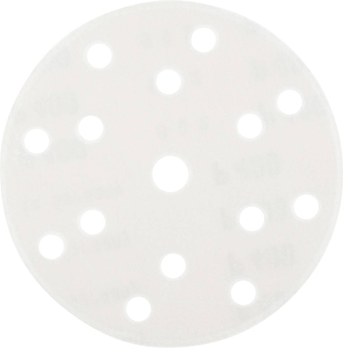 Ein kreisförmiges, weißes Schleifpapier mit mehreren kleinen Löchern, symmetrisch angeordnet.