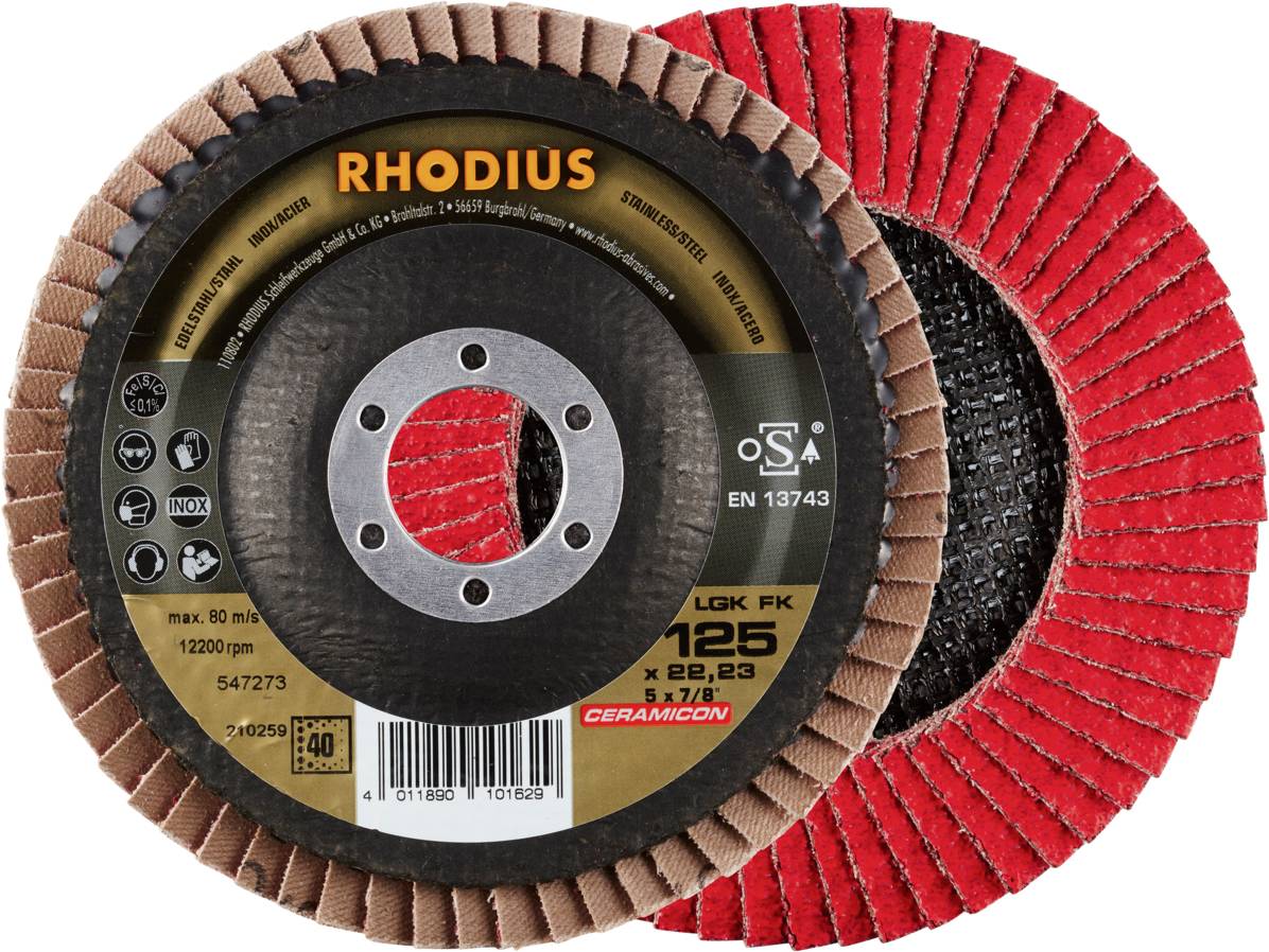 Schleifscheibe mit rotem Schleifmaterial und schwarzem Etikett. Markenname 'RHODIUS' und technische Spezifikationen aufgedruckt.