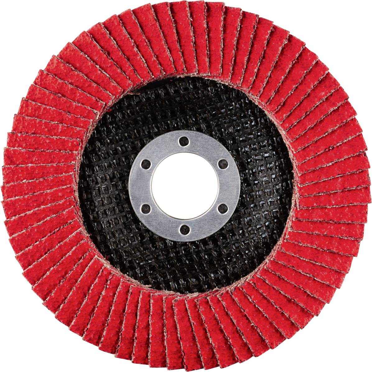 Ein Schleifmopprad mit roten Schleiflamellen, zentralem Montageloch und schwarzem Träger. Geeignet für die Metall- oder Holzbearbeitung.