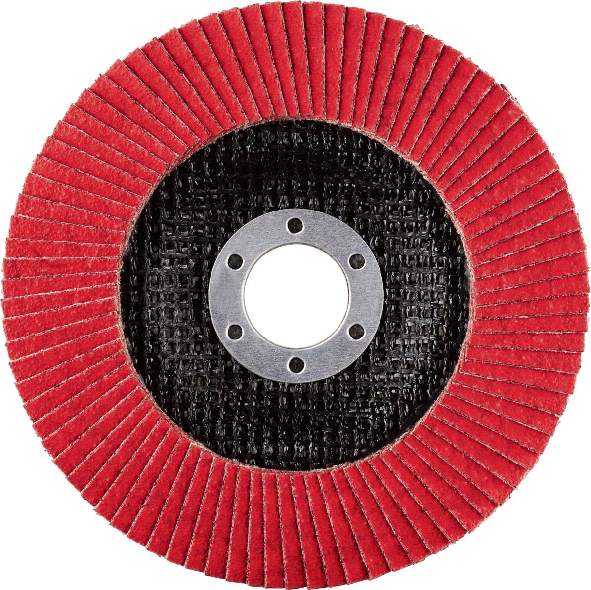 Eine rote Schleifscheibe in kreisförmiger Form mit einem zentralen Befestigungsloch, verwendet zum Schleifen und Polieren von Oberflächen.